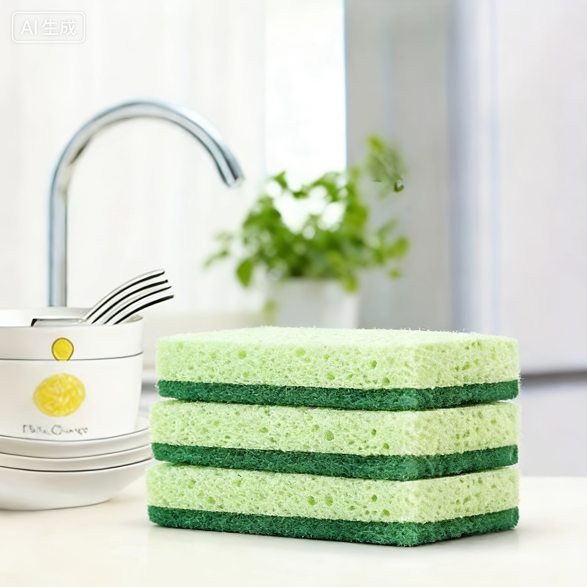 3\u002F5 Pack Ecoclean Wood Fiber Sponge Brush - Scratch-Free Kitchen And Bathroom Cleaning Sponges, Durable And Effective