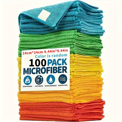 100-Pack Premium Microfiber Cleaning Cloths: Super Absorbent, Lint-Free, Streak-Free for Kitchen, Bath, Car, Office, Outdoors. Durable & Reusable. Bulk Holiday Value Set. Cleaning Cloth, Reuse, Re-use, Edges.